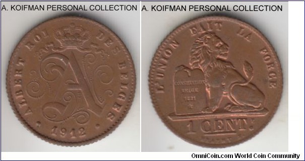KM-76, 1912 Belgium centime; copper, reeded edge; French legend (DES GELGES)), brown uncirculated.