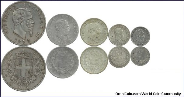 Italy-Kingdom (King Vittorio Emanuele II) Coin Set-1 - (King of Sardinia; Duke of Savoy; Reign: 23 March 1849 – 17 March 1861) King of Italy; Reign: 17 March 1861 – 9 January 1878