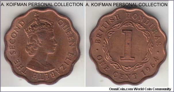 KM-30, 1964 British Honduras cent; bronze, scalloped flan, plain edge; Elizabeth II, red brown uncirculated.