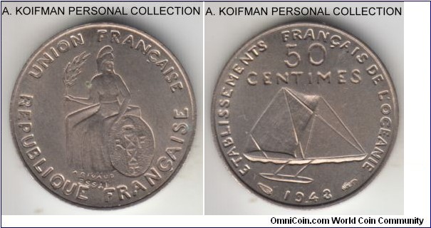 KM-E1, Lec-1, 1948 French Oceania 50 centimes; essai, copper-nickel, plain edge; this is an incuse pattern design with edge rim, 1,100 minted.