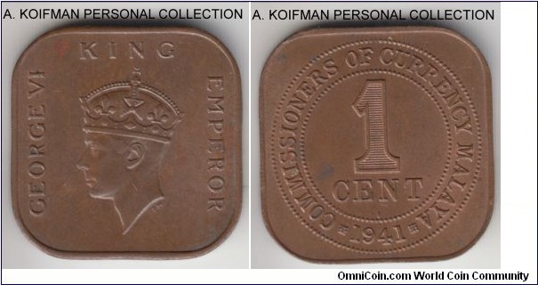KM-2, 1941 Malaya cent, Bombay mint (I mint mark); bronze, square flan, plain edge; mostly brown, pleasantly toned uncirculated specimen.
