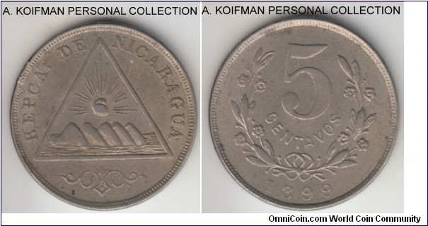 KM-9, 1899 Nicaragua 5 centavos; copper-nickel, plain edge; one year type with nice details, good extra fine, a bit of an issue with the flan on obverse - lamination - and an edge shaving.