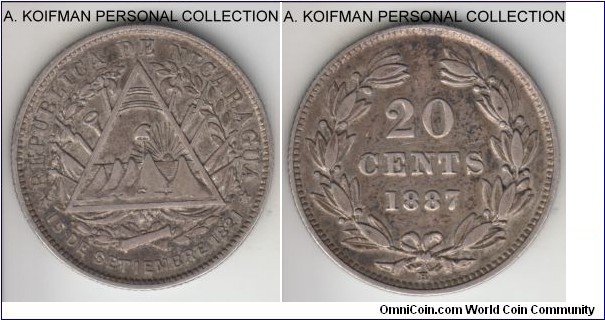 KM-7, 1887 Nicaragua 20 centavos, Heaton mint (H mint mark); silver, reeded edge; darker toned good very fine to extra fine.