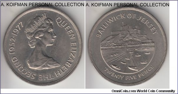 KM-44, 1977 Jersey 25 pence (crown); copper-nickel, reeded edge; Queen's Silver Jubilee commemorative crown, average uncirculated.