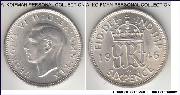 KM-852, 1946 Great Britain 6 pence; silver, reeded edge; George VI, last year of silver coinage, bright white uncirculated.