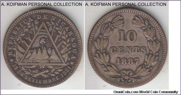 KM-6, 1887 Nicaragua 10 centavos, Heaton mint (H mint mark); silver, reeded edge; toned very fine, reverse had been wiped or cleaned and retoning.