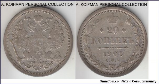 Y#20a.1, 1903 Russia (Empire) 15 kopeks, St. Petersburg mint (СПБ mint mark); silver, reeded edge; Nikolas II, very good to fine.