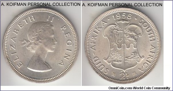 KM-50, 1958 South Africa (Dominion) 2 shillings; silver, reeded edge; late Elizabeth II mintage, about uncirculated.