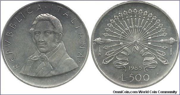Italy 500 Lire 1985R-200th Anniversary Birth of Alessandro Francesco Tommaso Antonio Manzoni. Was an Italian poet and novelist. He is famous for the novel The Betrothed (1827)