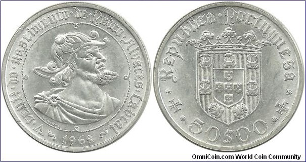 Portugal 50 Escudos 1968-500th Anniversary-Birth of Pedro Álvares Cabral. Was a Portuguese nobleman, military commander, navigator and explorer regarded as the discoverer of Brazil. 