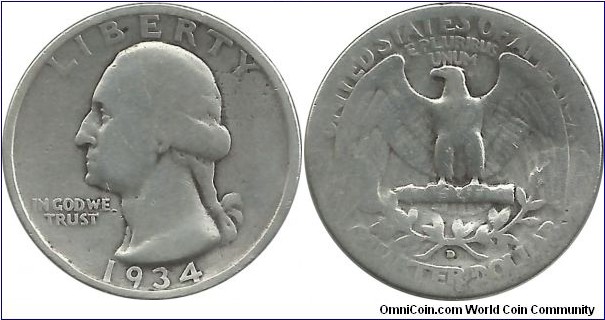 USA Quarter Dollar 1934D (I clean this coin)