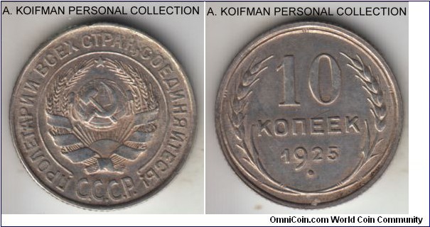 Y#86, 1925 Russia (USSR) 10 kopeks; silver, reeded edge; common coin minted in large quantity, extra fine or so, a little dirty.