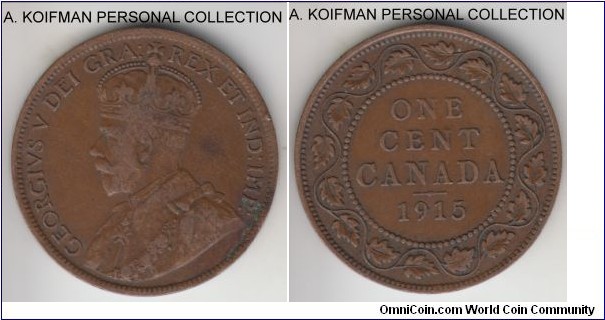 KM-21, 1915 Canada cent; bronze, plain edge; early George V, large cent type, fine or better.