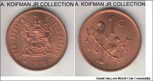 KM-82, 1970 South Africa (Republic) cent; bronze, reeded edge; first year of the type, mostly red uncirculated.
