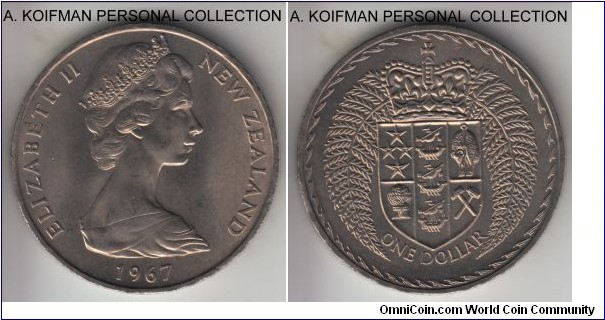 KM-38, 1967 New Zealand dollar; copper-nickel, lettered edge; first year of decimal coinage with DECIMAL CURRENCY INTRODUCED JULY 10 1967 on the edge of the coin, relatively small mintage - coin obviously was intended as commemorative issue mostly, average uncirculated.