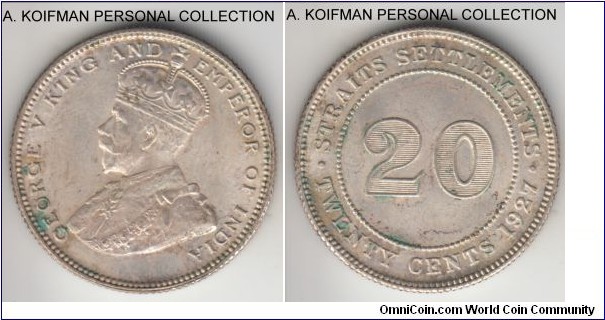 KM-30b, 1927 Straits Settlements 20 cents; silver, reeded edge; George V, toned average uncirculated.