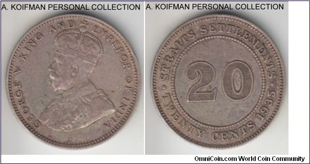 KM-30b, 1935 Straits Settlements 20 cents; silver, reeded edge; curved top 3 variety, good very fine and naturally toned.