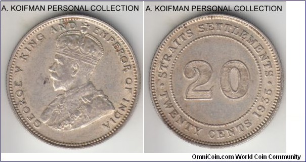 KM-30b, 1935 Straits Settlements 20 cents; silver, reeded edge; George V, flat top 3 variety, good very fine lightly toned.