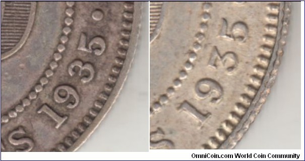 Varieties for Straits Settlements  1935 20 cents - curved top (left) and flat top (right).
