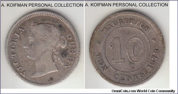 KM-10.1, 1878 Mauritius 10 cents, Royal Mint (no mint mark); silver, reeded edge; second scarcest of the type, only 50,000 minted, fine.