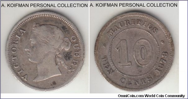 KM-10.1, 1878 Mauritius 10 cents, Royal Mint (no mint mark); silver, reeded edge; second scarcest of the type, only 50,000 minted, fine.