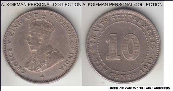 KM-29a, 1919 Straits Settlements 10 cents; silver, reeded edge; second George V coinage, good very fine, interestingly filled die left most of the first S in Straits invisible.