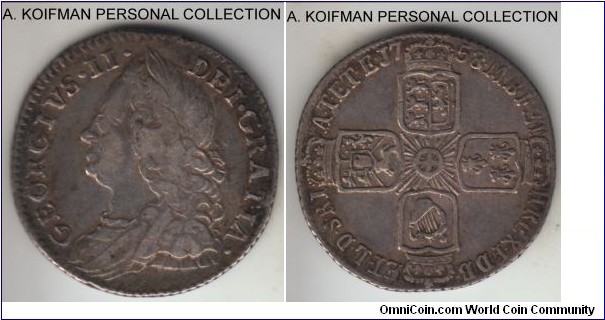KM-582.2, 1758 Great Britain 6 pence; silver, slant reeded edge; George II, very fine or about, the flan has a small - uneven edge.