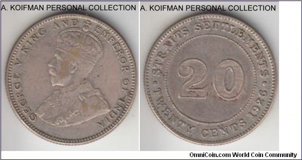 KM-30b, 1926 Straits Settlements 20 cents; silver, reeded edge; George V, first year of the type, good fine to about very fine and naturally toned.