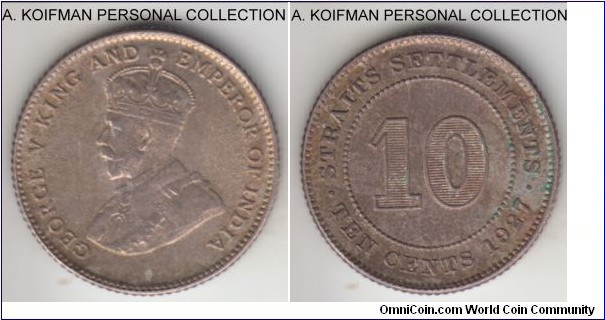 KM-29b, 1927 Straits Settlements 10 cents; silver, reeded edge; George V, last type, darker toned, die break on each side of the coin - obverse across the lower part of th ebust, reverse at the 0 in denomination, uncirculated for wear.
