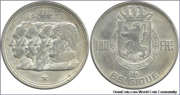 Belgium 100 Francs 1950(Fr) - Standard circulation coin