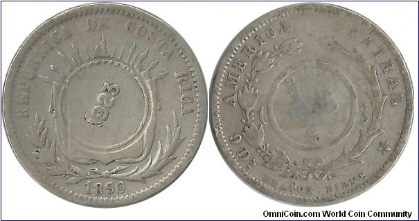 CostaRica 50 Centimos 1923 (on 25 Centavos 1890H) (3rd coin)