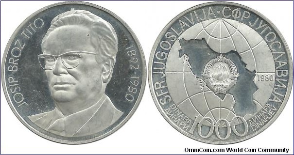 Yugoslavia 1000 Dinara 1980 - Death of Josip Broz Tito (proof)