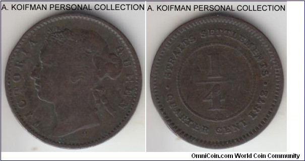 KM-7, 1872 Straits Settlements 1/4 cent, Heaton mint (H mintmark); copper, plain edge; first Victoria coinage for under Straits, scarce type despite large mintage that year, dark toned (as common with the copper) about fine.