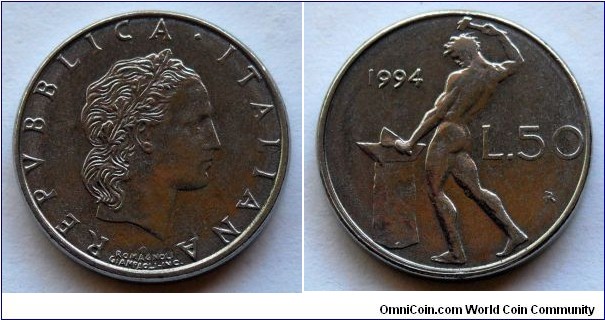 Italy 50 lire.
1994 (II) Diameter; 16,55 mm.