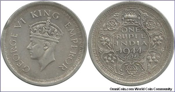 India-British 1 Rupee 1944(L) L=Lahore Mint 