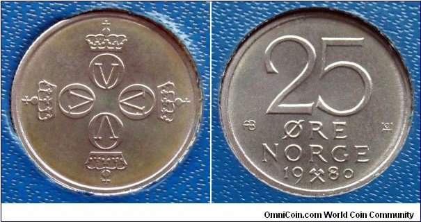 Norway 25 ore from 1980 Kongsberg mint set.
