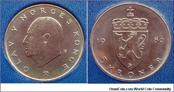 Norway 5 kroner from 1980 Kongsberg mint set.