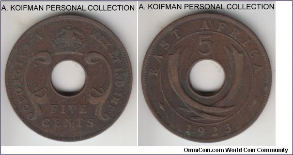 KM-18, 1923 East Africa 5 cents, Royal Mint (no mint mark); bronze, plain edge; earlier George V coinage, fine or about and dark toned.