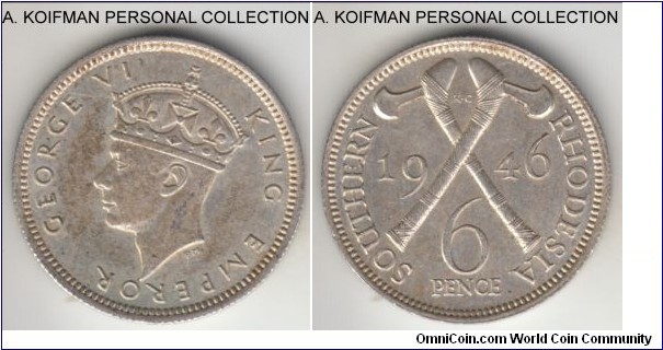 KM-17a, 1946 Southern Rhodesia 6 pence; silver, reeded eddge; George VI last silver issue, good extra fine but a bit dirty and toned obverse, very nice uncirculated reverse.