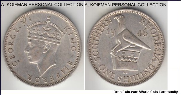 KM-18a, 1946 Southern Rhodesia 1946 shilling; silver, reeded edge; George VI, scarcer, extra fine to good extra fine.