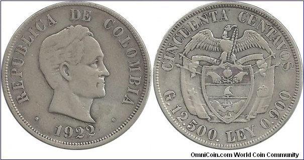 Colombia 50 Centavos 1922(P) P=Philadelphia USA mint 