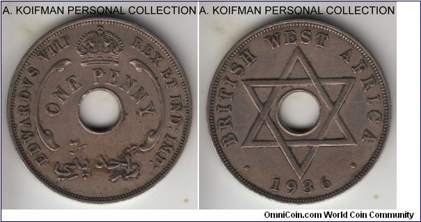 KM-16, 1936 British West Africa penny, Royal Mint (no mint mark); copper-nickel, plain edge; Edward VIII premature issue minted before his abdication, Royal Mint coins are less common than Heaton or King Korton's average circulated extra fine or almost.