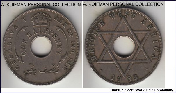 KM-8, 1933 British West Africa, Royal mint (no mint mark); copper-nickel, plain edge; scarce dispite relatively large mintage, decent very fine to good very fine.