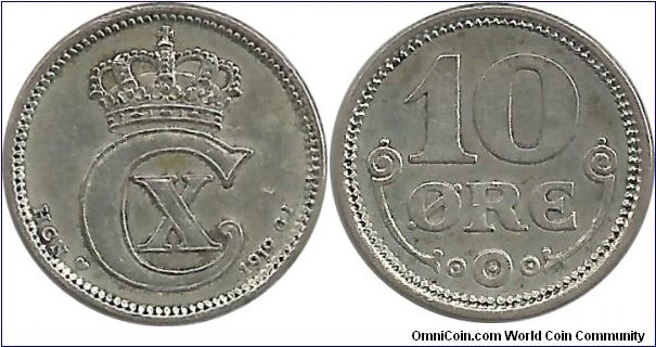 Denmark 10 Øre 1919-Christian X