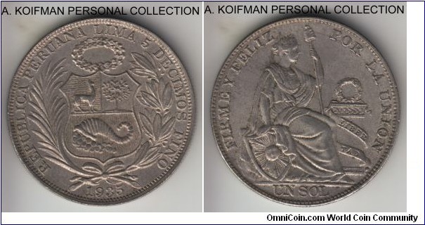 KM-218.2, 1935 Peru sol; silver, reeded edge; last year of the type, good extra fine to about uncirculated, obverse is really nice.