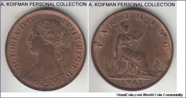 KM-747.2, 1861 Great Britain farthing; bronze, plain edge; 3-B die pair 5 berries, 1.5 stops after F:D (Freeman obverse 3) reverse Be or Bd (see aboutfarthings.co.uk for more info), red brown uncirculated, nice.