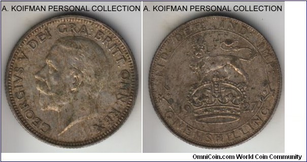 KM-829, 1927 Great Britain shilling; silver, reeded edge; original reverse, dirty with heavy toning in places, but good detail, extra fine or so, tiny flan defect on obverse by the rim.