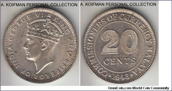 KM-5a, 1943 malaya 20 cents; silver, reeded edge; war time George VI, mostly lustrous uncirculated, some toning and a few dirty places.