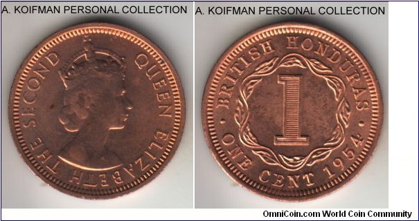 KM-27, 1954 British Honduras cent; bronze, plain edge; first Elizabeth II mintage and a one year type replaced by the scalloped flan coins, mintage 200,000, bright mostly red uncirculated but a spot on obverse.