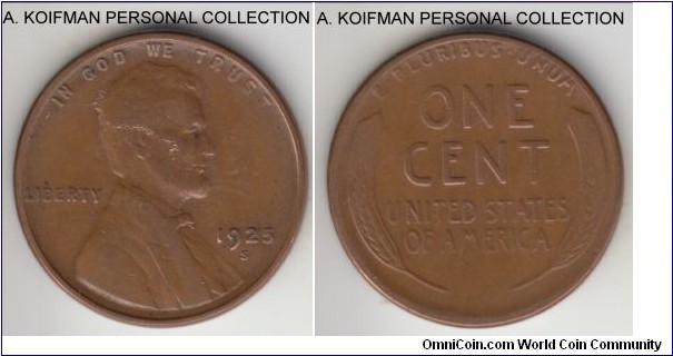 KM-132, 1925 United States of America cent, San Francisco mint (S mint mark); bronze, plain edge; relatively large mintage for San Francisco, about very fine for wear, some scratches on obverse.